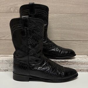 Vintage Justin USA Made Black Ostrich Leather Roper Western Boots
